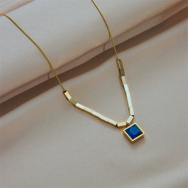 Stainless Steel Square Blue Zircon Necklace